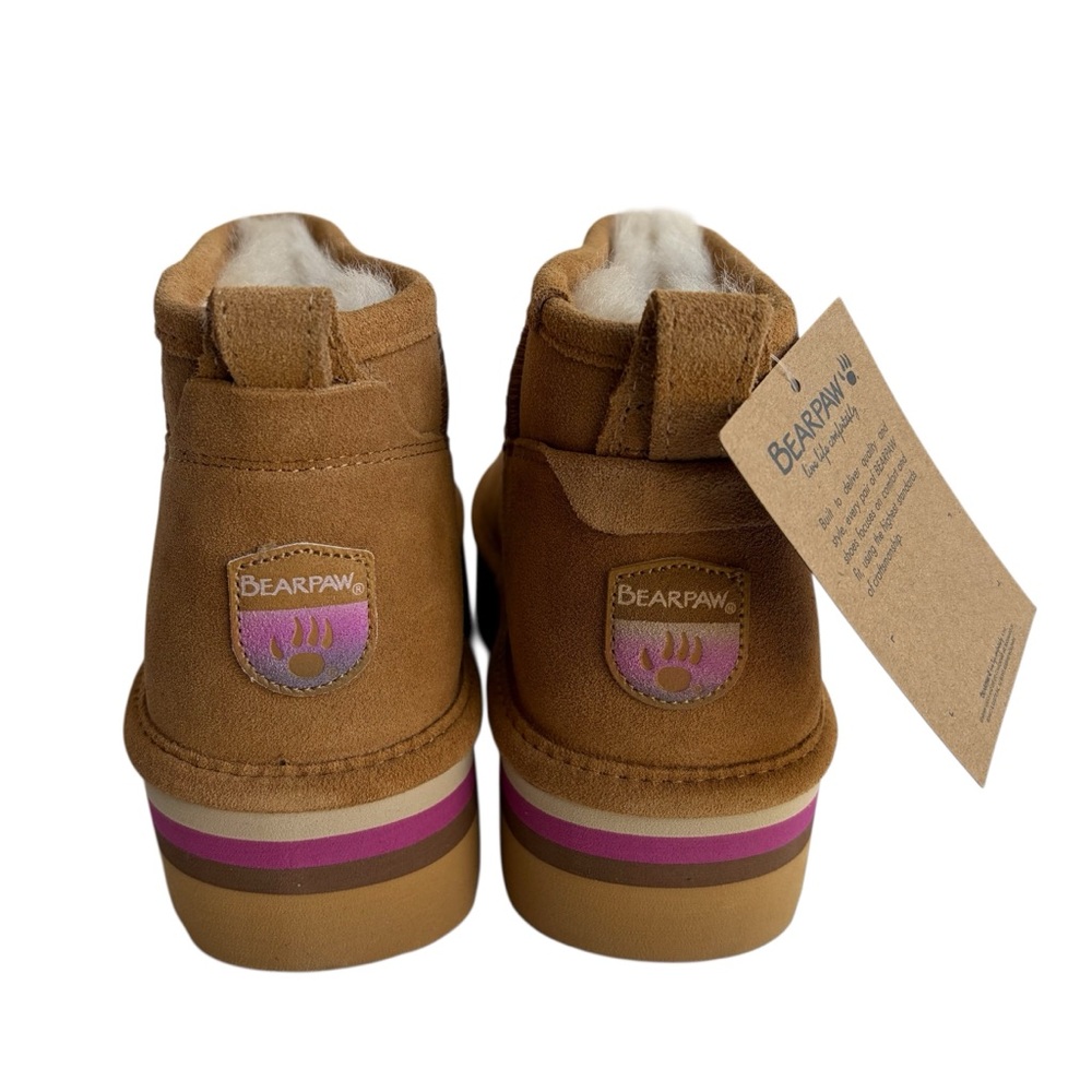 NIB BearPaw Tan Suede Platform Ankle Boots with Pink and Purple Stripe Sz. 10 - Picture 3 of 6